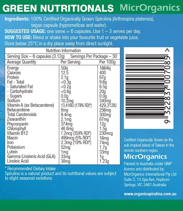 Green Nutritionals Mountain Organic Spirulina 180 Capsules